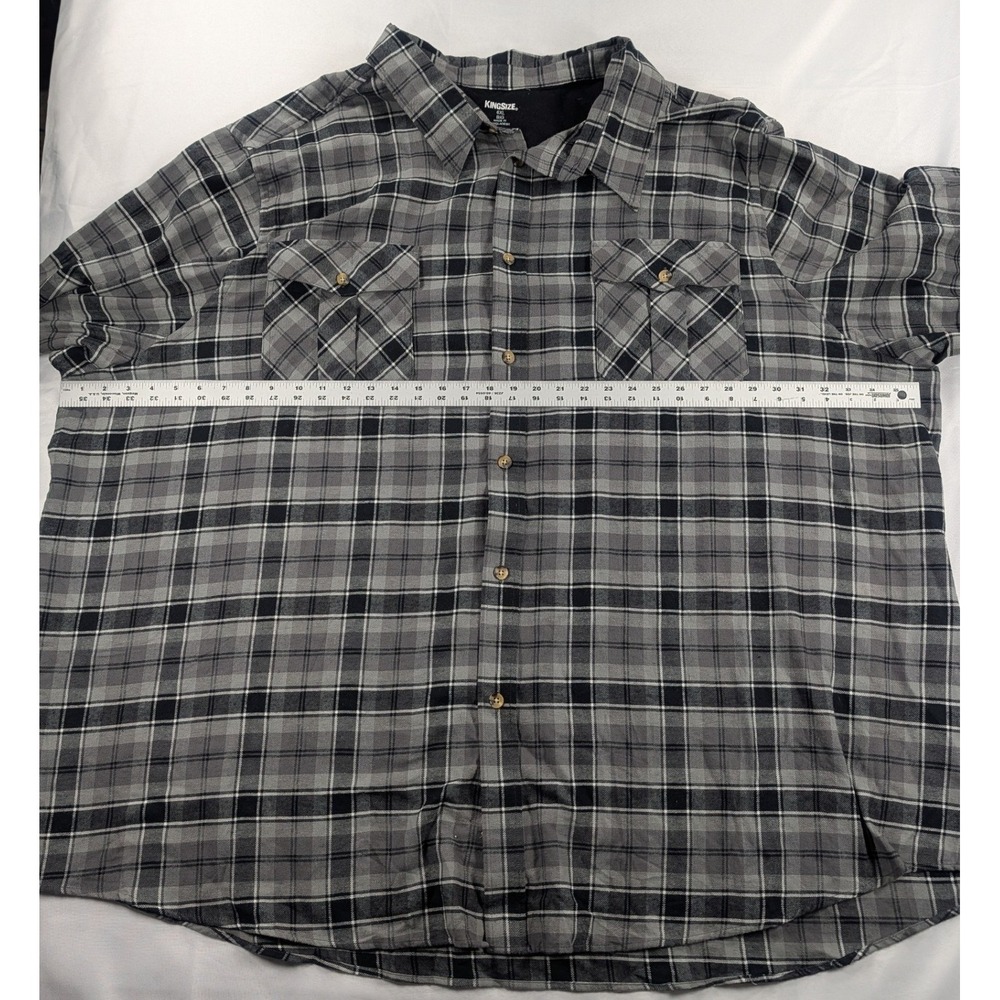 KingSize Mens 6XL Long Sleeve Flannel Shirt Grey Black Plaid Button Down Pocket - Picture 4 of 10
